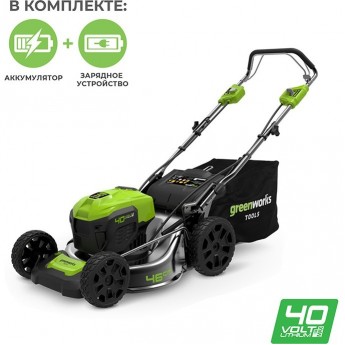 Газонокосилка аккумуляторная самоходная бесщеточная GREENWORKS GD40LM46SP 40V (46 см) c АКБ 4АЧ и ЗУ Газонокосилка аккумуляторная самоходная бесщеточная GREENWORKS GD40LM46SP 40V (46 см) c АКБ 4АЧ и ЗУ